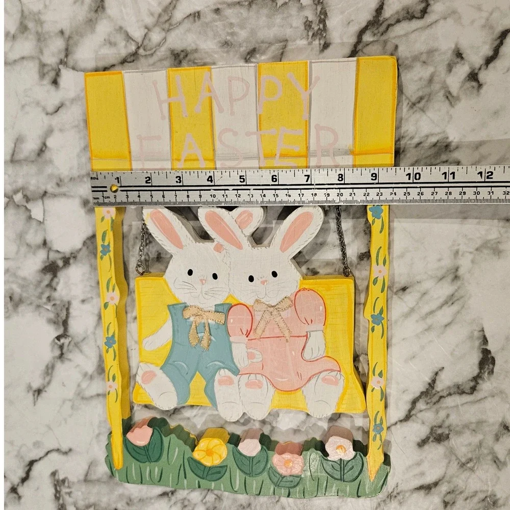 Vintage Happy Easter Wooden Bunny Swing Decor Sign‎ yellow pink studio 11 unique